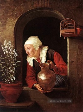  was Kunst - Alte Frau Bewässerung Blumen Goldenes Zeitalter Gerrit Dou